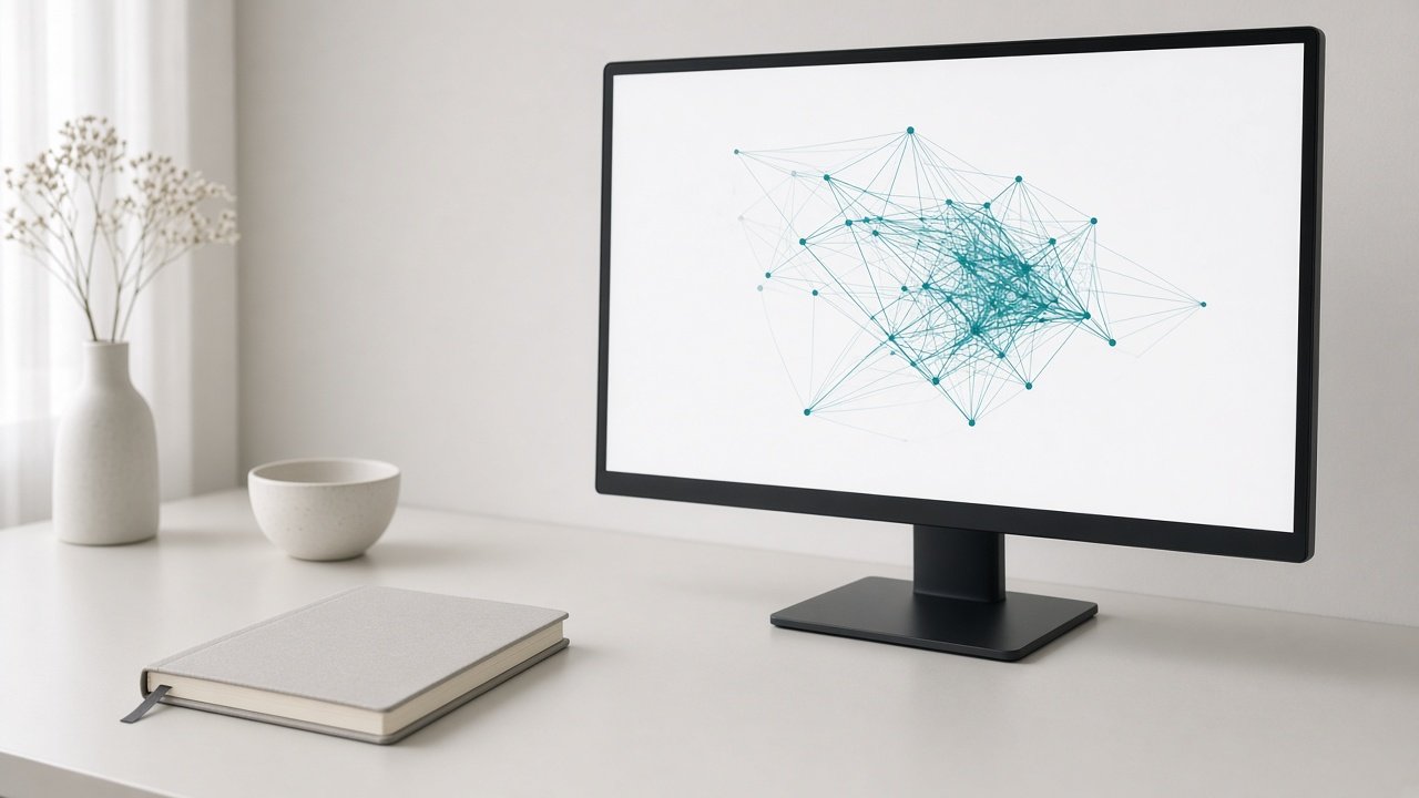 Quiet desk with an abstract automation mesh on screen