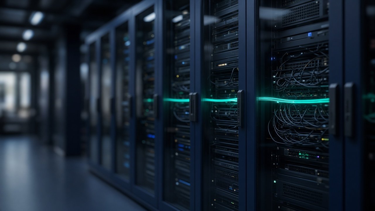 Server room photographed in navy and teal
