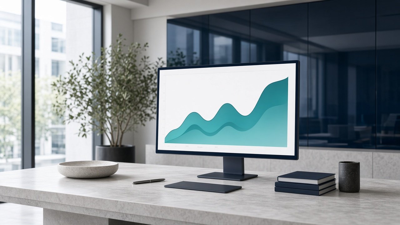 Brokerage operations desk with a calm equity chart on screen