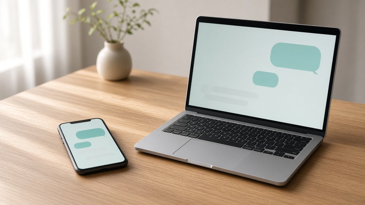 Phone and laptop with abstract teal message bubbles