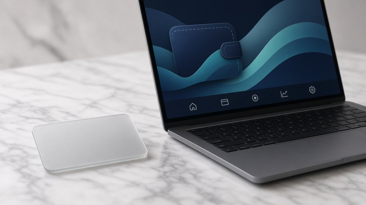 Glass payment card beside a laptop on pale stone